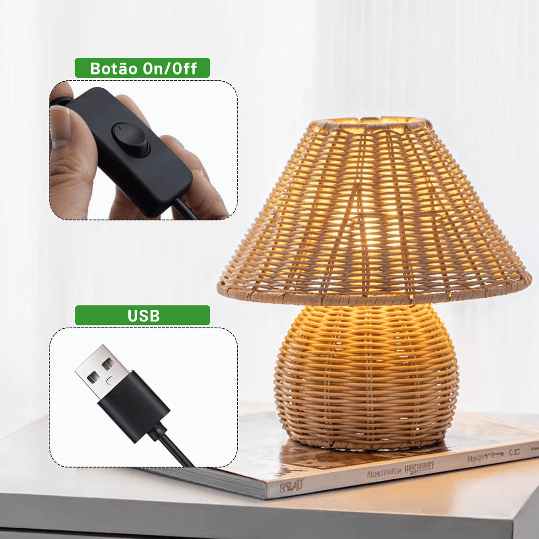 Abajur sobre uma revista, com o interruptor do cabo e o plugue USB em destaque