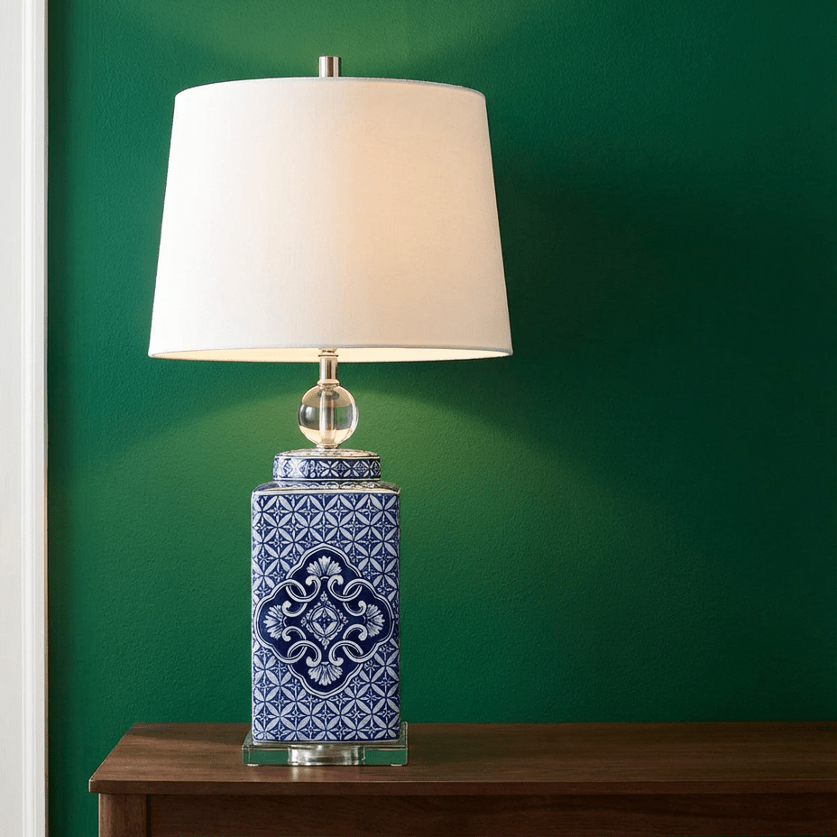Abajur de Cerâmica Estilo Oriental em Porcelana Azul e Branco - Disponível na Luzzart