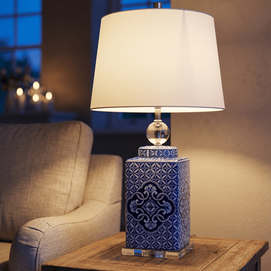 Abajur de Cerâmica Estilo Oriental em Porcelana Azul e Branco - Disponível na Luzzart