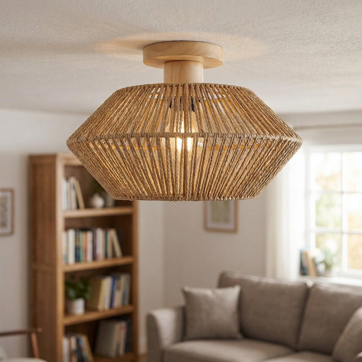 Luminária de Teto de Palha Bambu Geométrica com Base em Madeira - Disponível na Luzzart