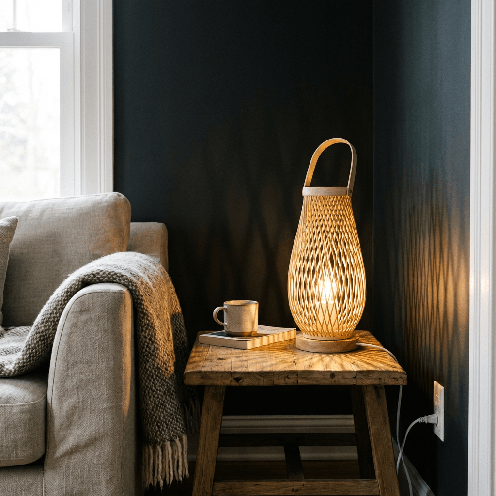 Lanterna de bambu acesa sobre mesa lateral rústica, projetando losangos de luz na parede escura