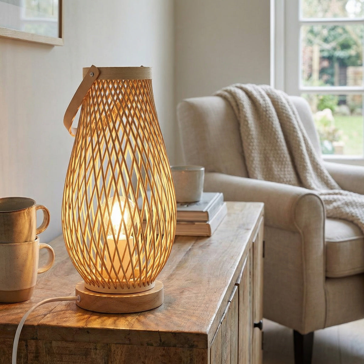 Luminária de Mesa de Palha Bambu Tipo Lanterna com Alça e Trama Aberta - Disponível na Luzzart