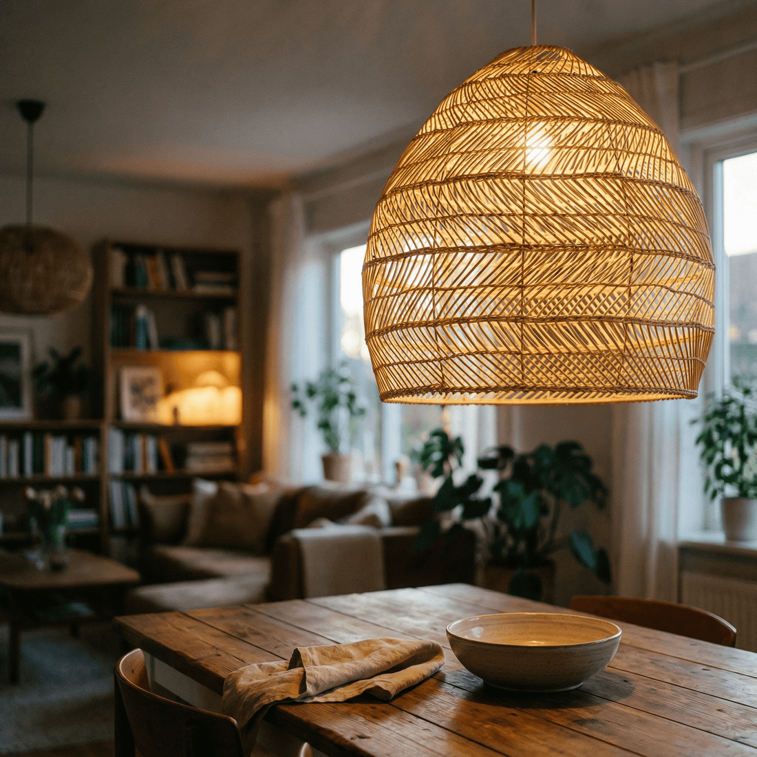 Pendente de rattan aceso sobre a mesa de jantar, numa sala com estante