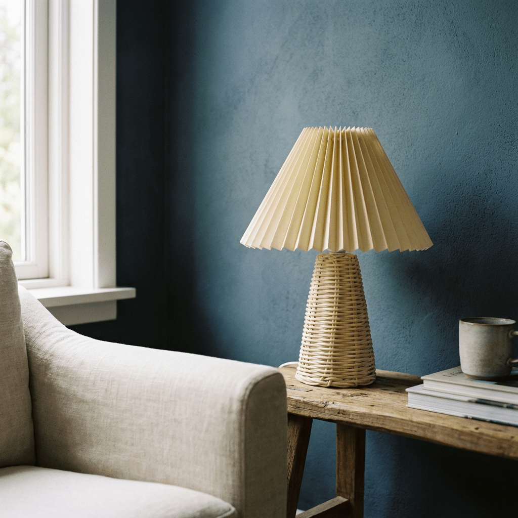 Luminária de Mesa de Palha Bambu com Cúpula Plissada em Tecido Creme - Disponível na Luzzart