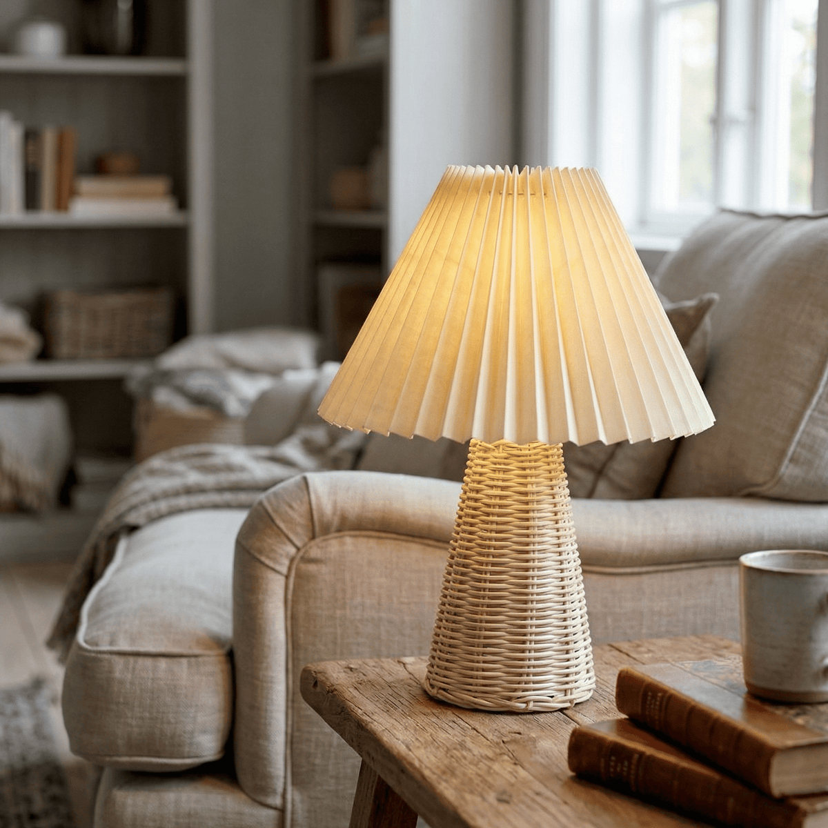 Luminária de Mesa de Palha Bambu com Cúpula Plissada em Tecido Creme - Disponível na Luzzart