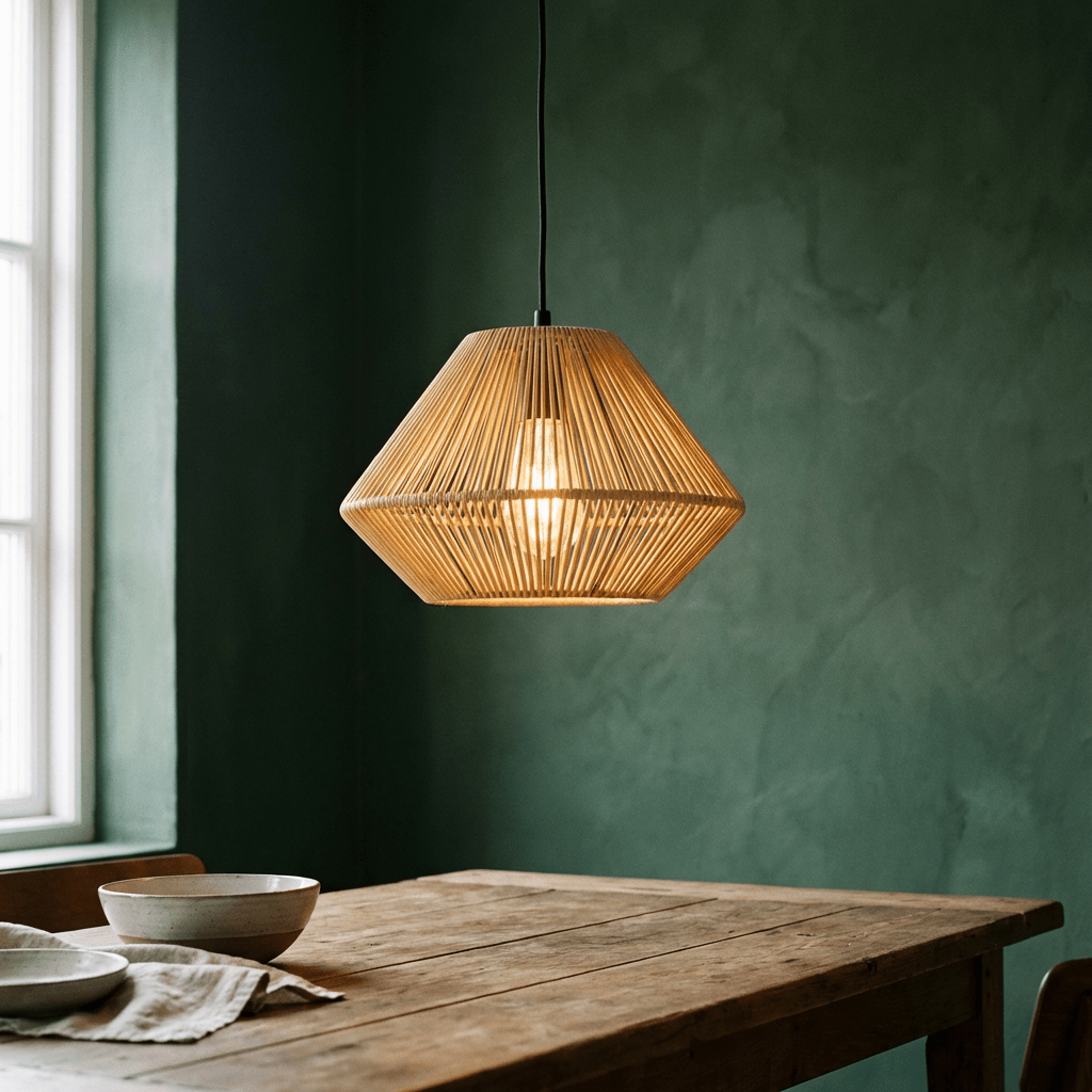 Lustre de corda aceso sobre uma mesa de madeira, diante de uma parede verde