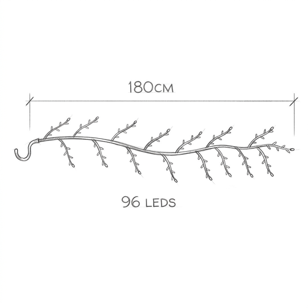 Desenho com as medidas de Galhos de LED para parede, 180 cm