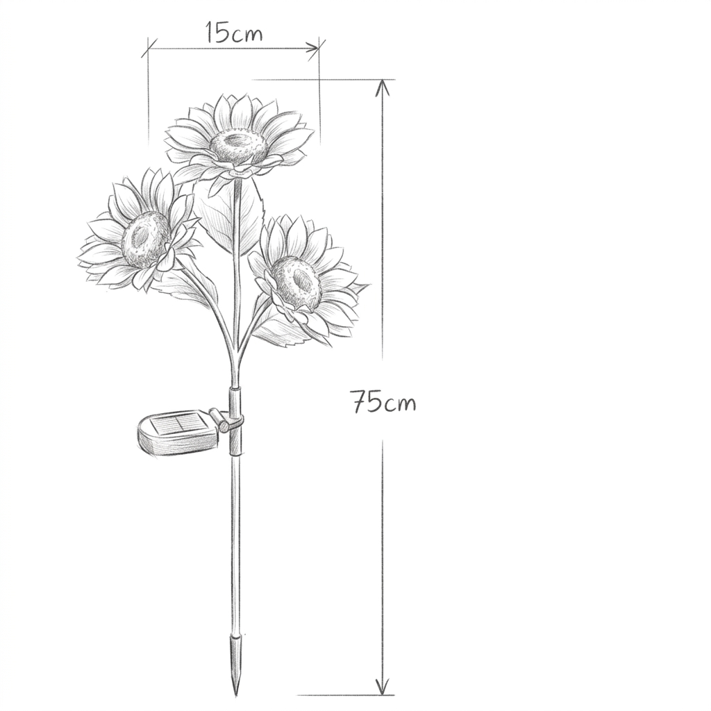 Desenho com as medidas de Luminária girassol solar para jardim