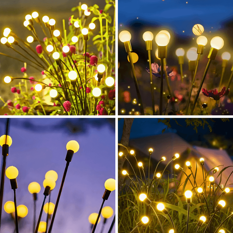Quatro cenas da luminária solar acesa entre flores e plantas, ao entardecer e à noite