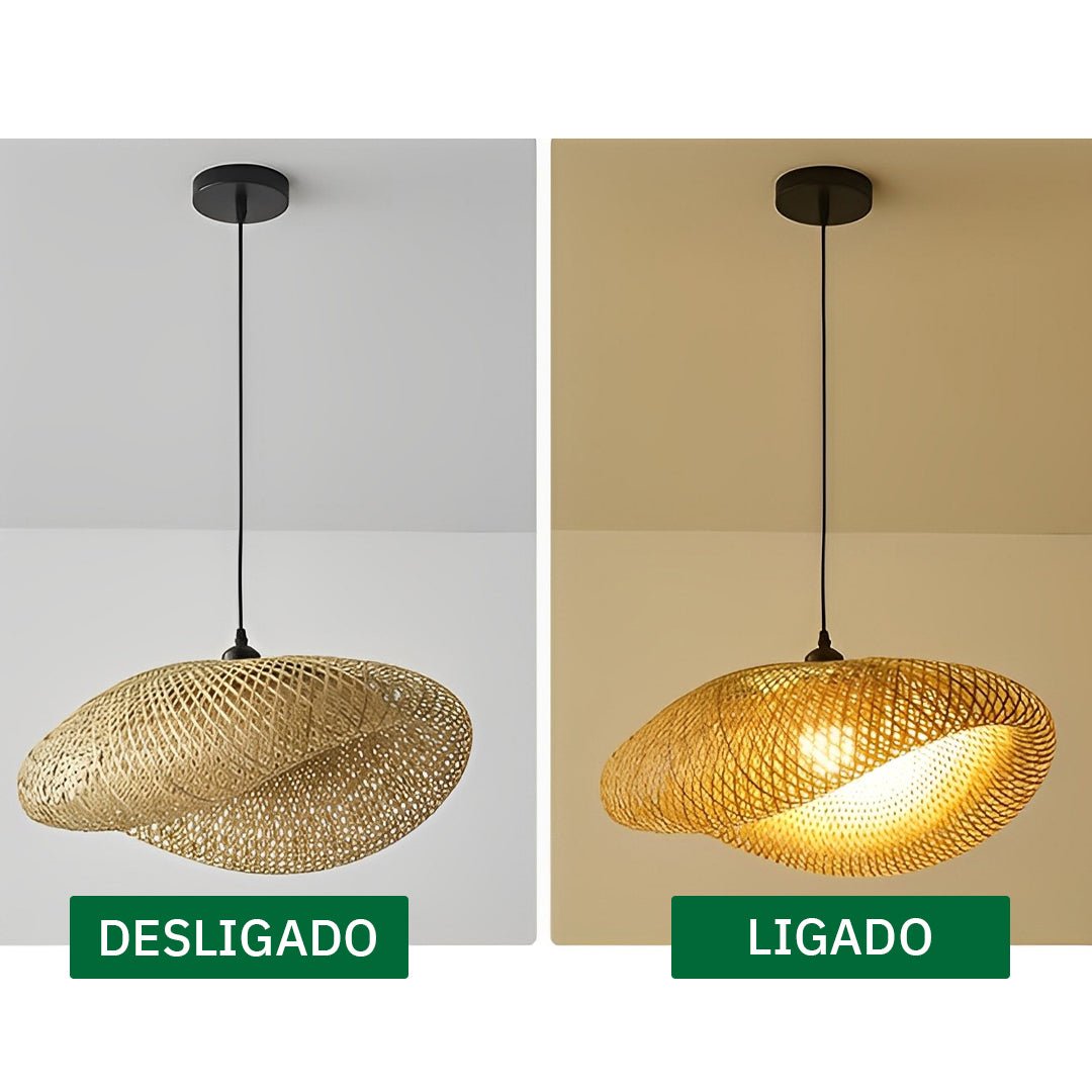 Cúpula de bambu apagada e acesa lado a lado, com cabo preto