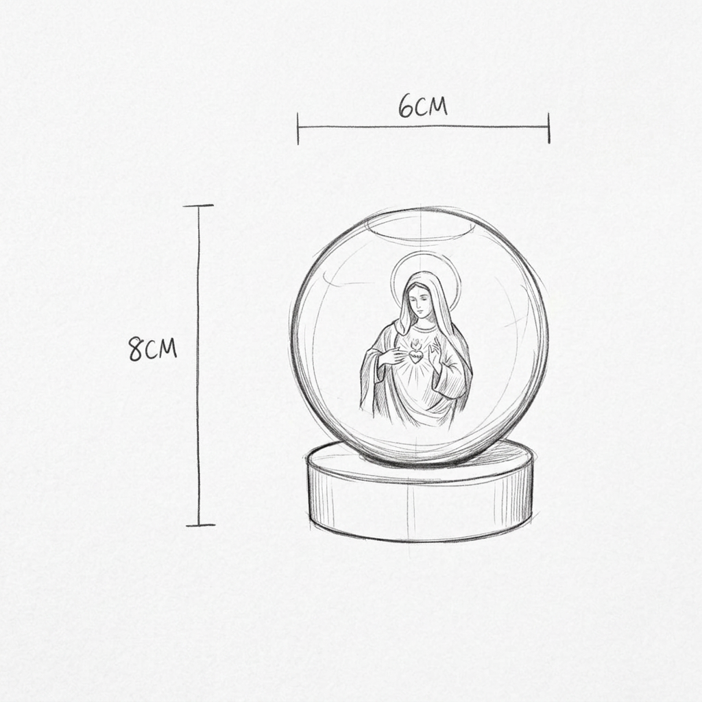 Desenho com as medidas de Luminária Virgem Maria em bola de cristal