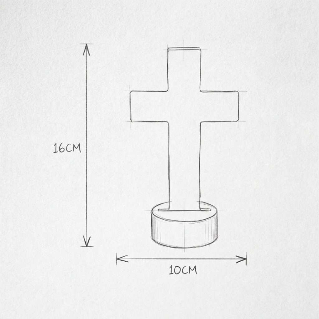 Desenho de luminária cruz com versículo do Salmo 23 em inglês com as medidas em centímetros