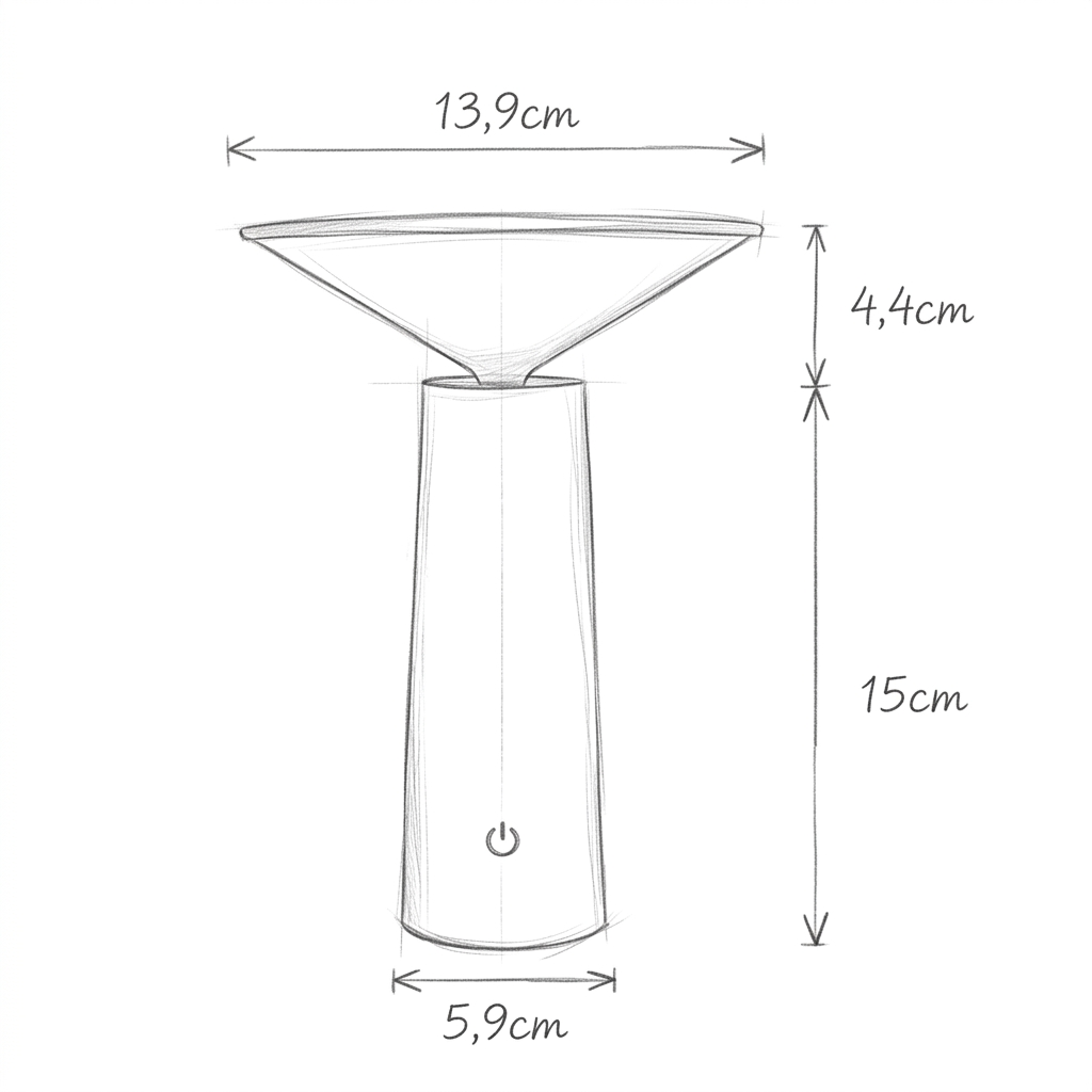 Desenho de luminária de mesa sem fio com cúpula em cone com as medidas em centímetros