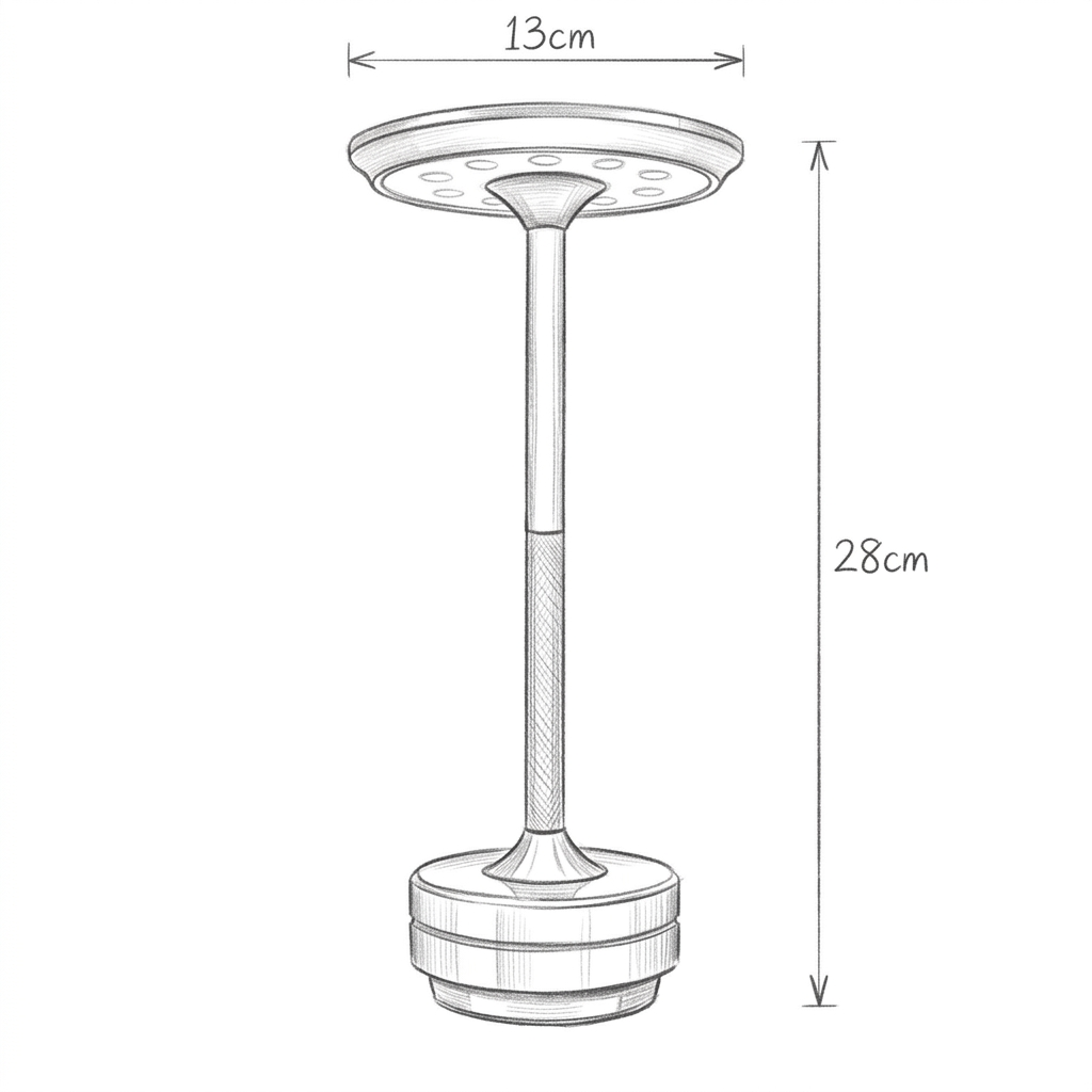 Desenho de luminária de mesa touch com carga USB com as medidas em centímetros