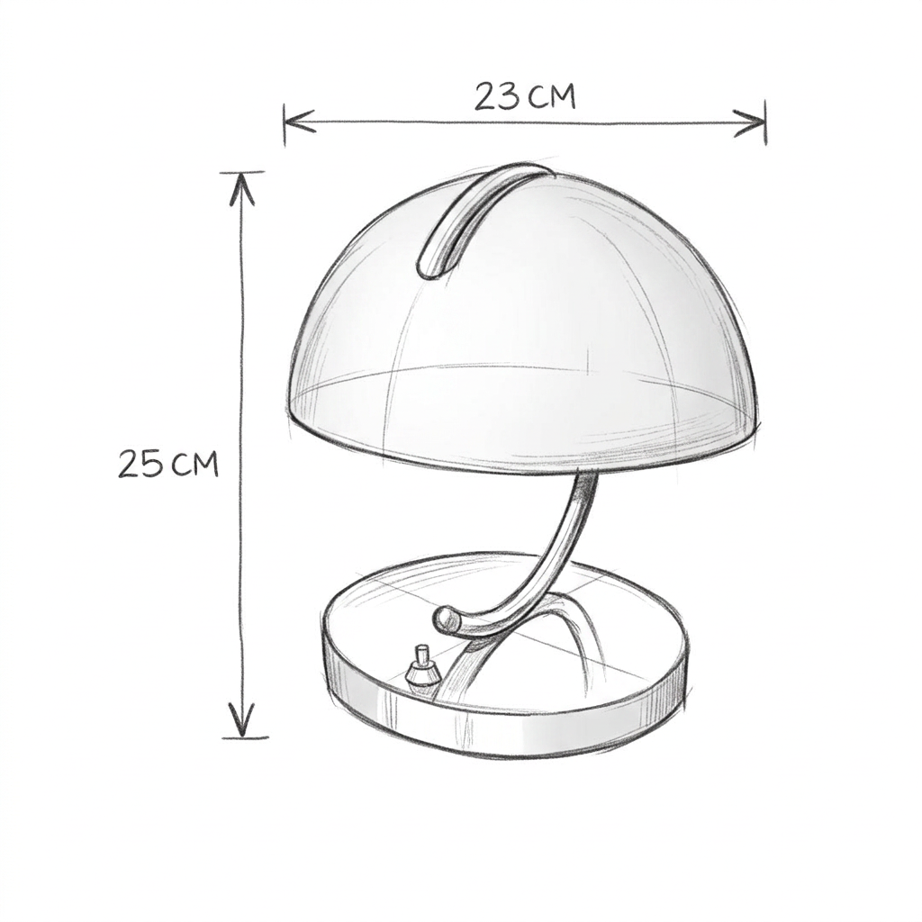 Desenho com as medidas de Abajur retrô cromado com cúpula em meia-esfera