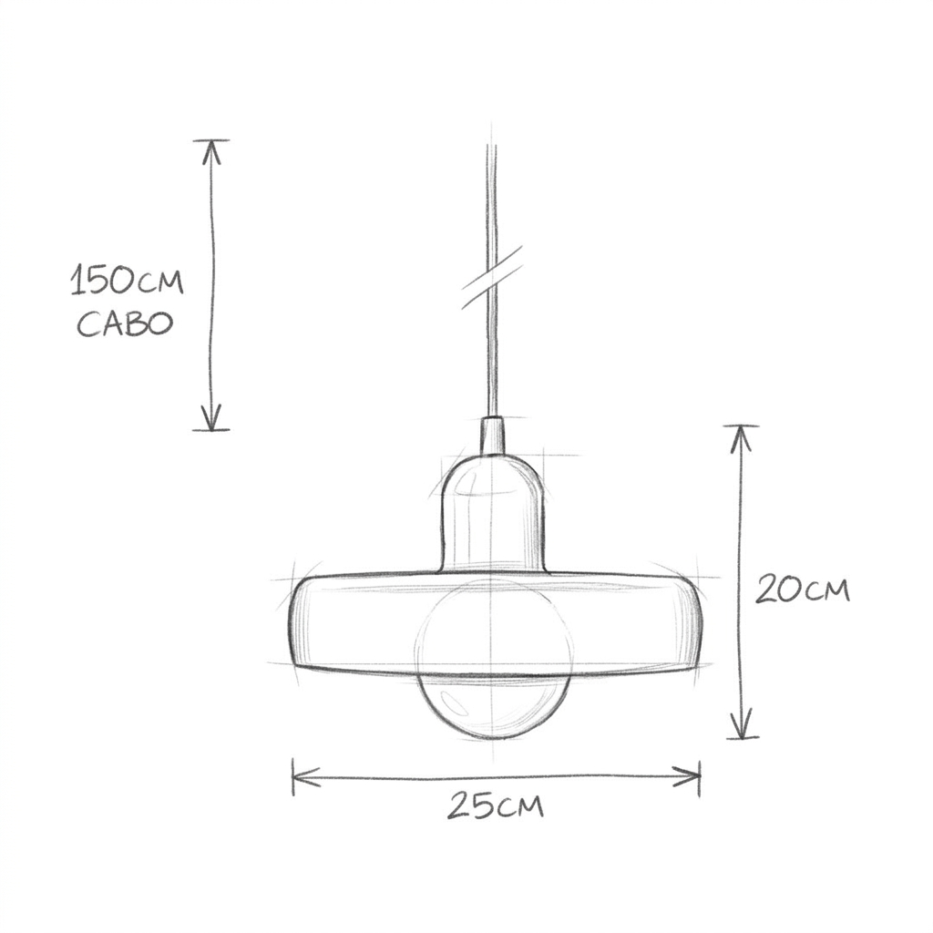 Desenho com as medidas de Em disco com globo de vidro