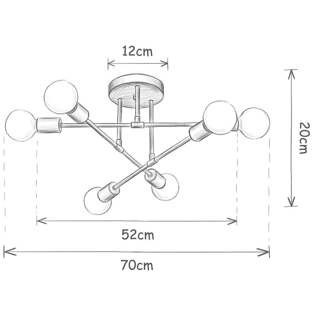 Desenho com as dimensões de Lustre Sputnik p/ 6 Lâmpadas - SpaceLux