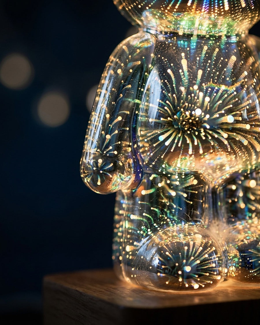 Luminária de urso de vidro com LED em 7 cores no ambiente