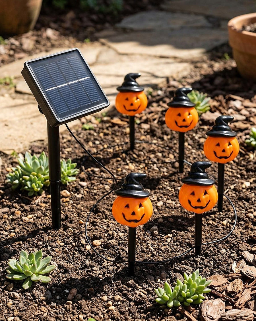 Espeto solar de abóbora, kit com 5 para Halloween no ambiente