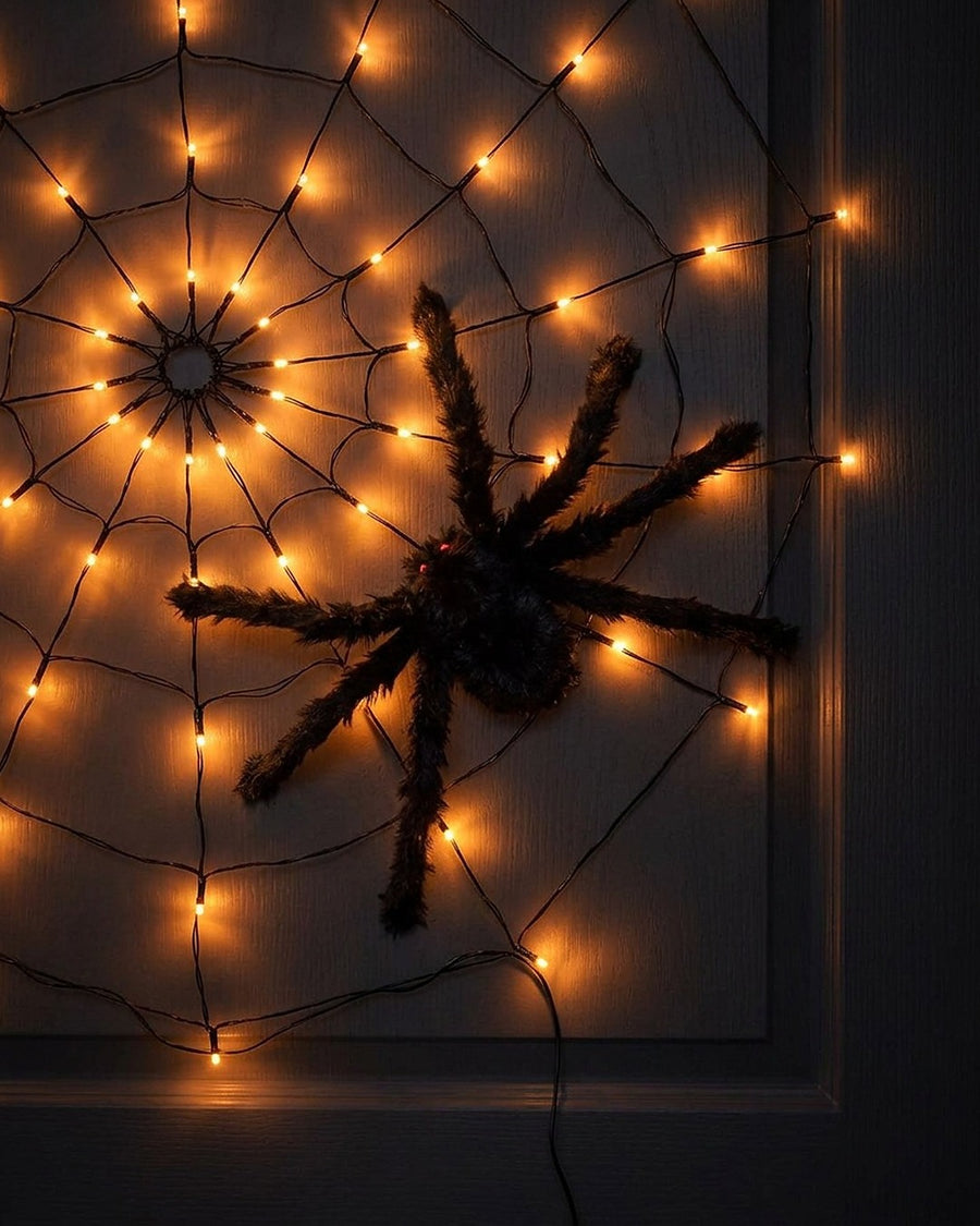 Presa à porta, a teia acende com a aranha no meio