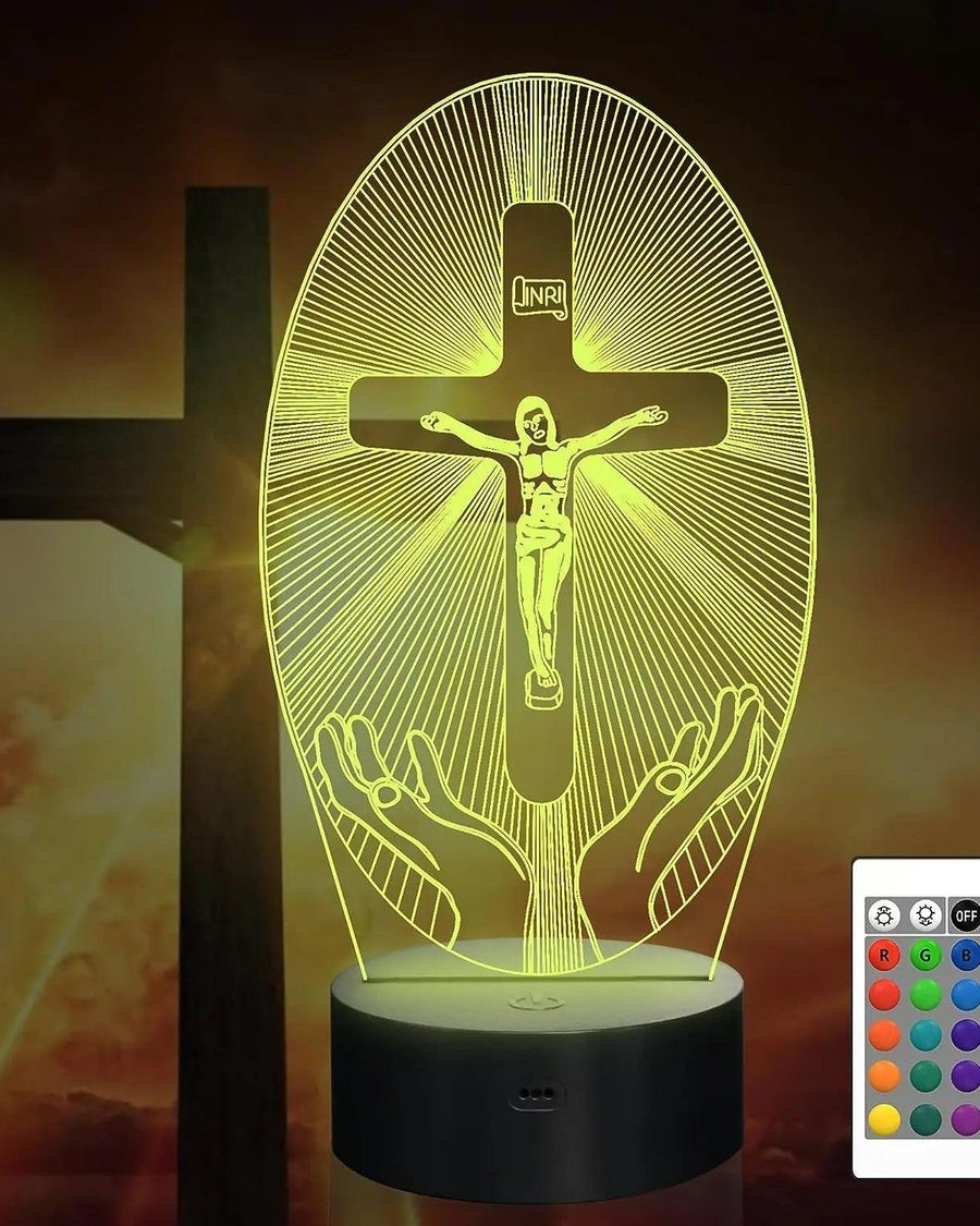 Crucifixo iluminado de Jesus Cristo com raios de luz no ambiente