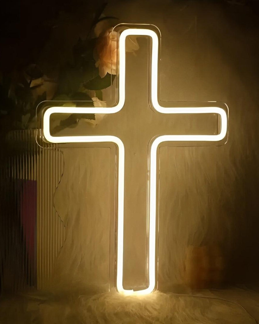 Cruz de LED neon para parede no ambiente