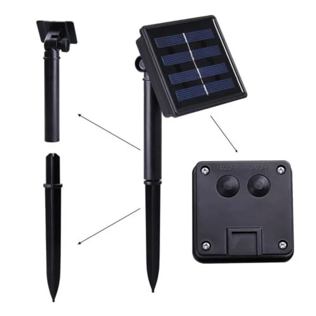 Detalhe · painel solar com estaca e caixa da bateria