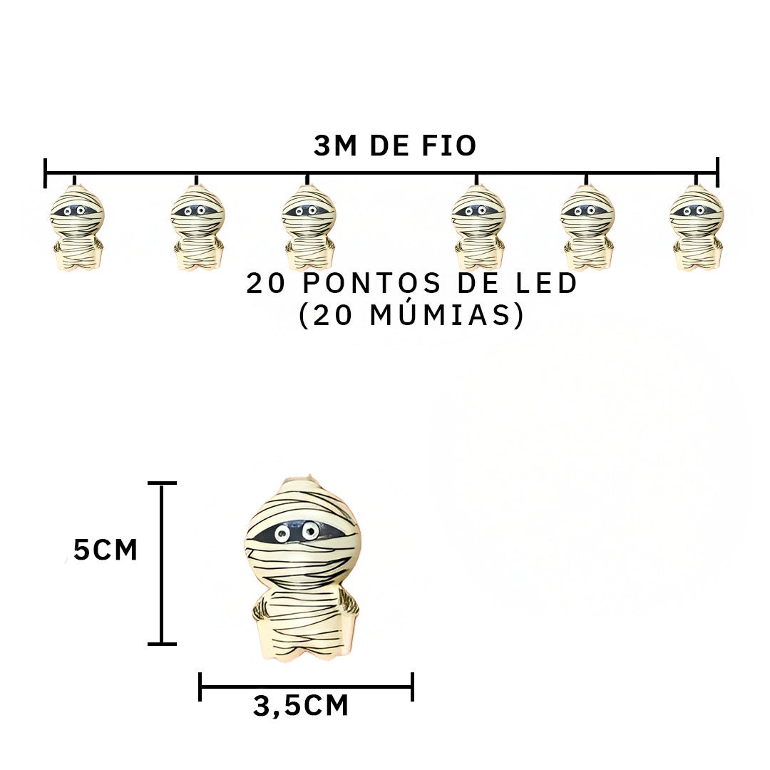 Desenho com as medidas de Pisca-pisca de múmias com 20 LEDs