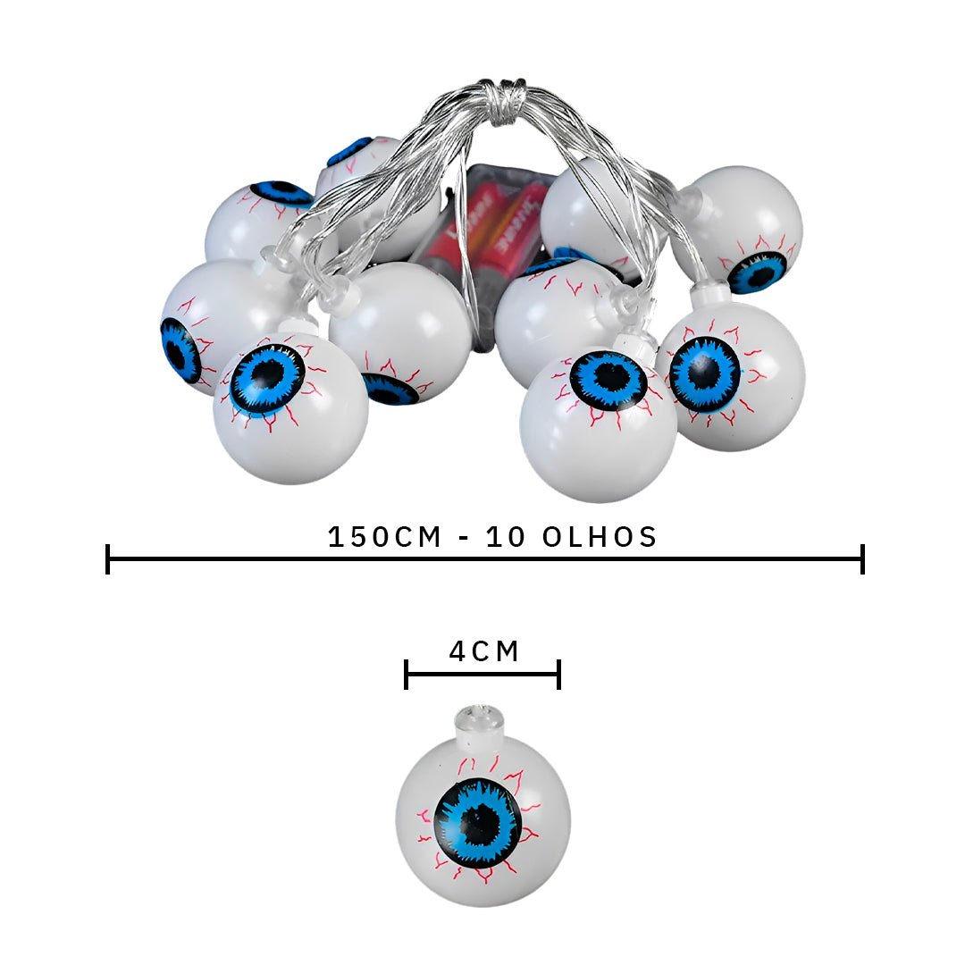 Desenho com as medidas de Olhos assustadores de Halloween, varal de LED a pilhas