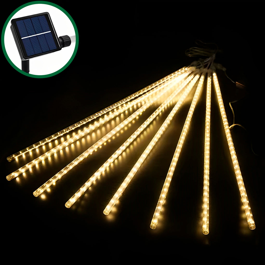 Oito tubos de luz dourada acesos em leque sobre fundo preto, versão solar