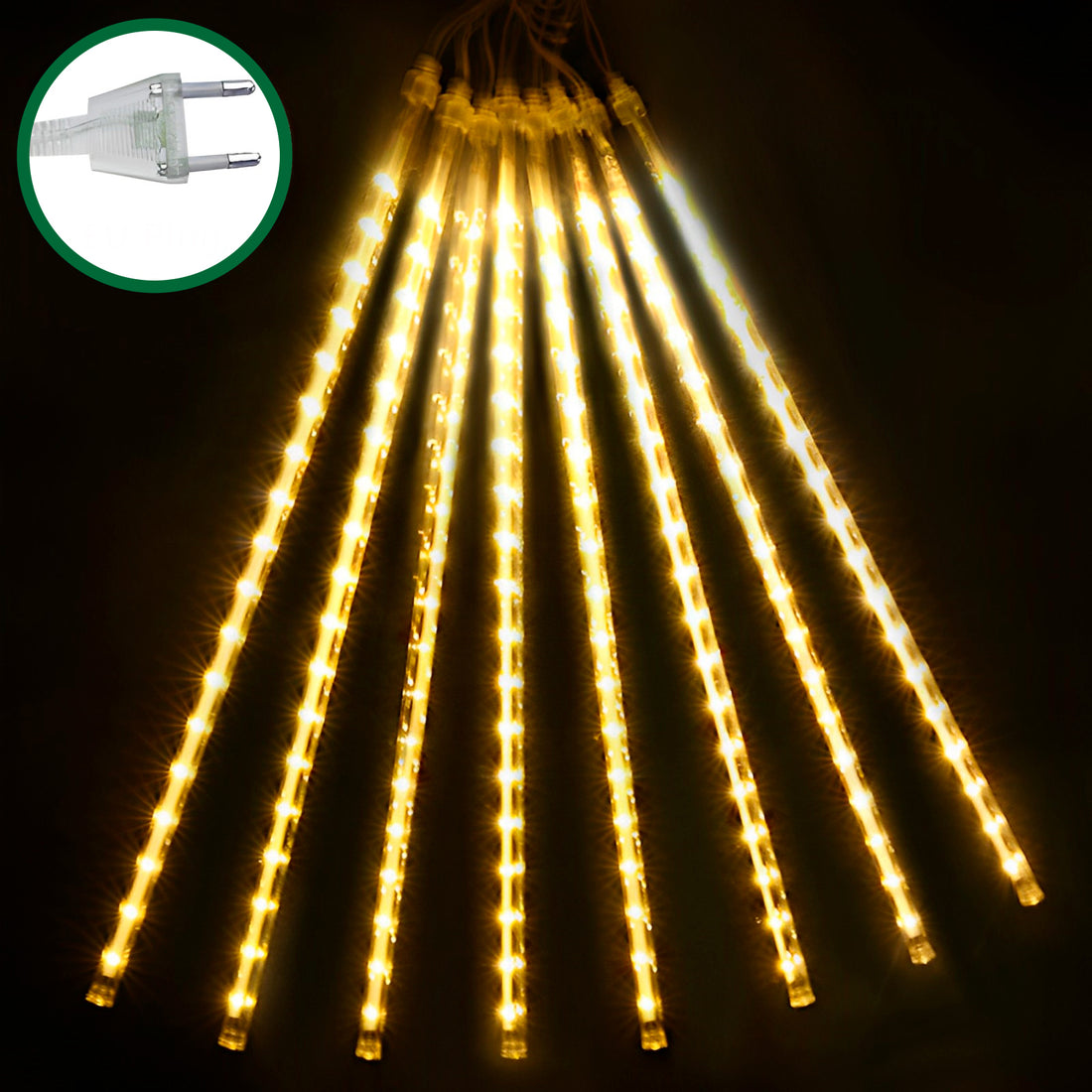 Oito tubos de luz dourada acesos lado a lado sobre fundo preto, versão na tomada