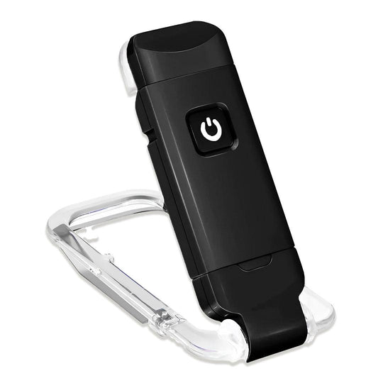 Luminária para leitura preta, com botão de ligar e clipe transparente em U