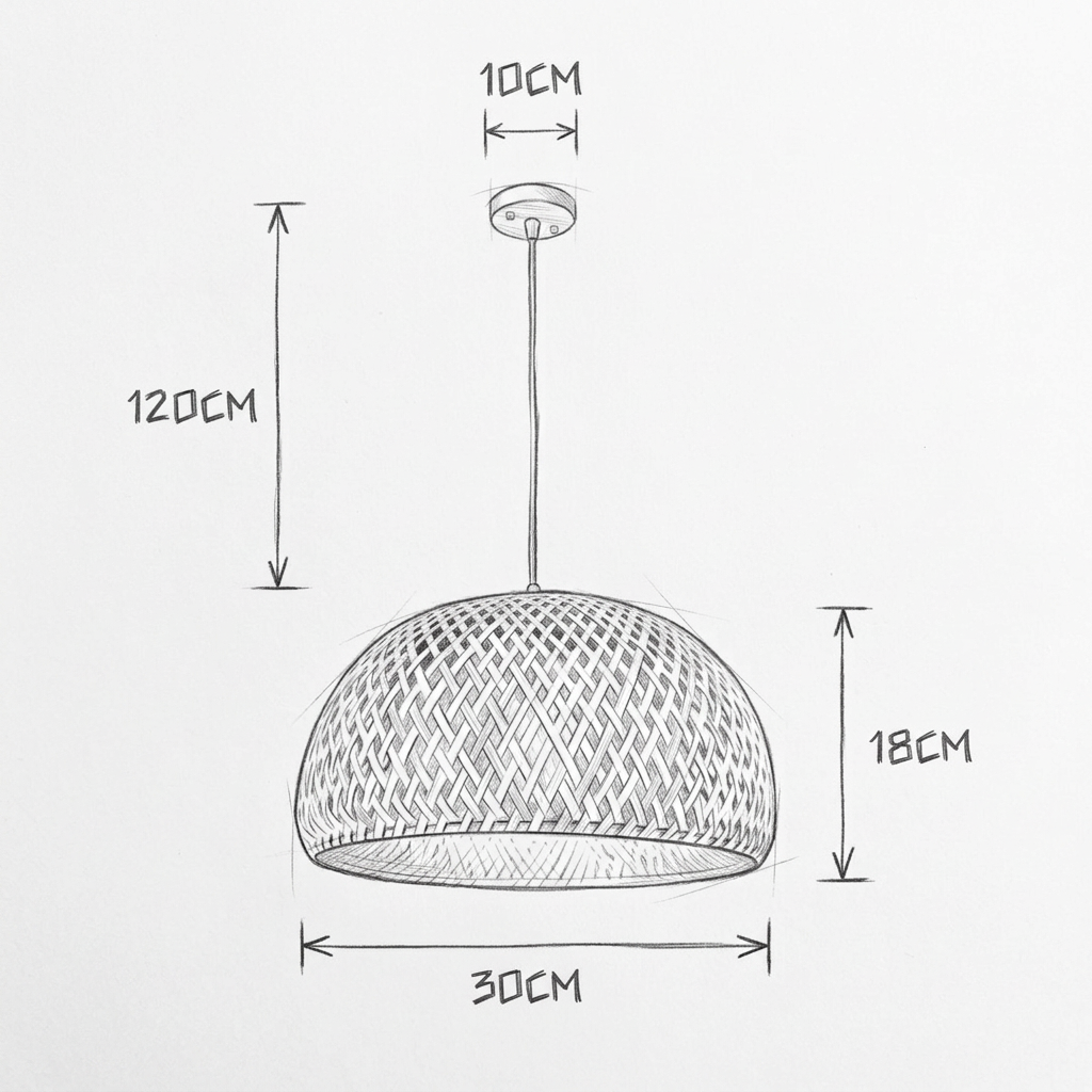 Desenho de pendente de bambu com cúpula redonda trançada com as medidas em centímetros