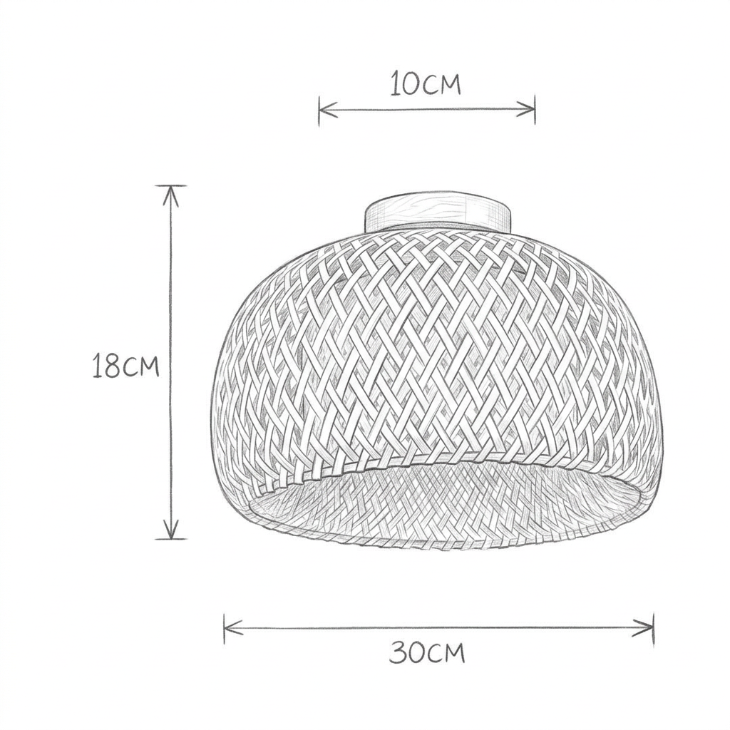 Desenho com as dimensões de Plafon Luminária de Teto Palha Bambu - Meia Esfera