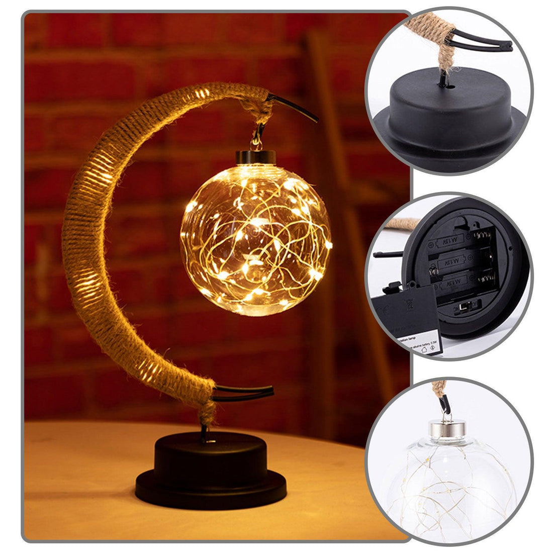 Luminária acesa na mesa, com detalhes da base aberta com pilhas e do globo