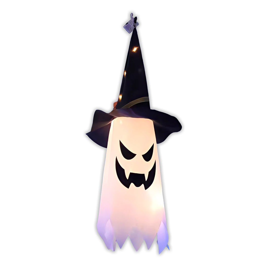Fantasma com chapéu de bruxa luminoso na opção Branco Quente