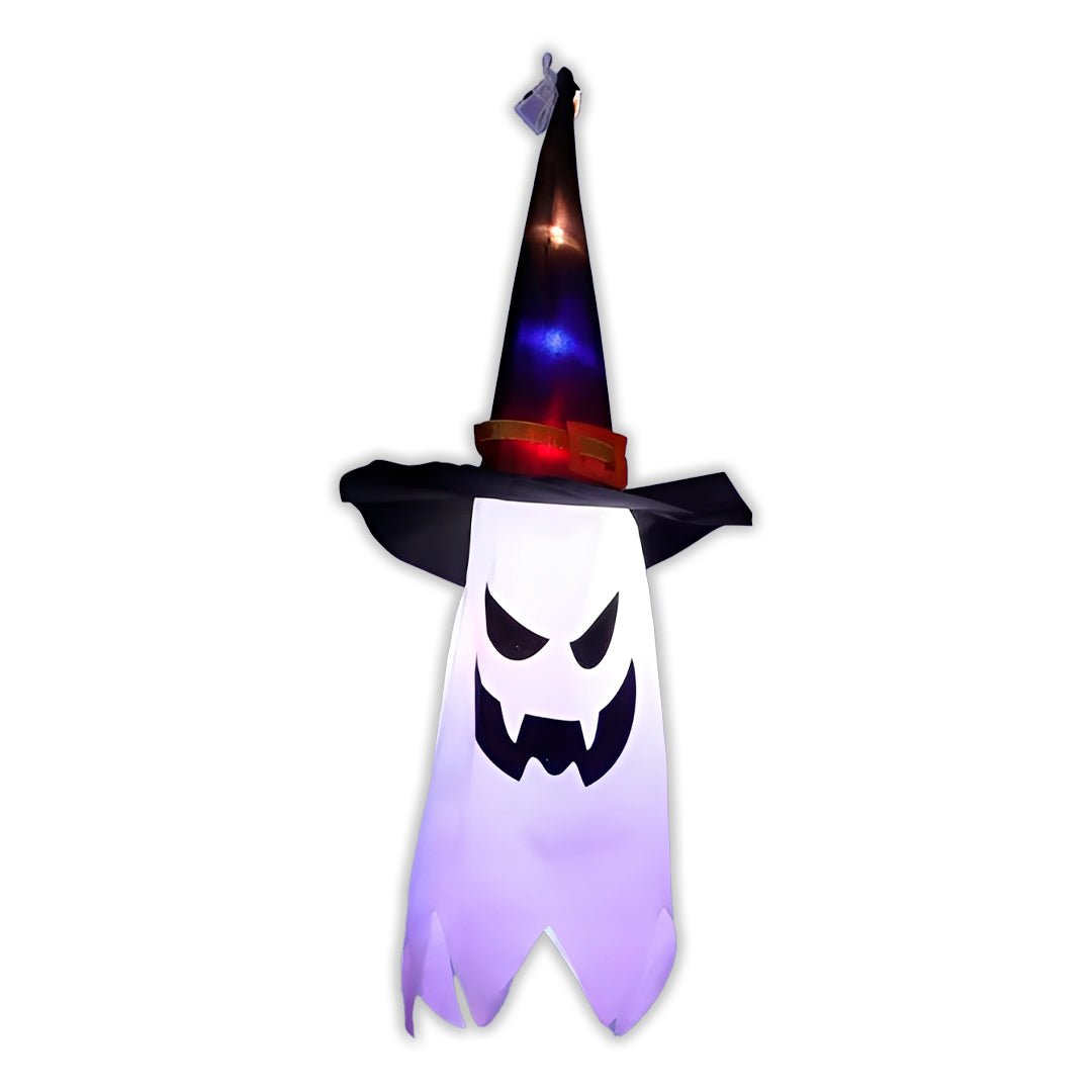 Fantasma aceso em lilás, com pontos coloridos no chapéu, sobre fundo branco