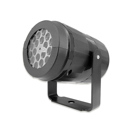 Projetor de LED preto visto de frente, com lente em favo e suporte em U