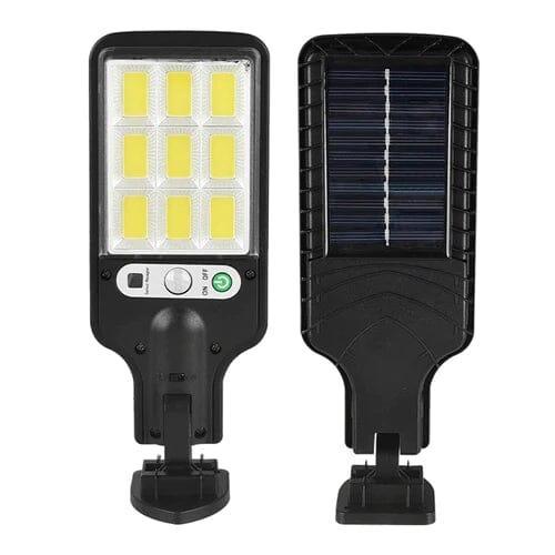 Frente com blocos de LED COB e verso com painel solar, vistos lado a lado