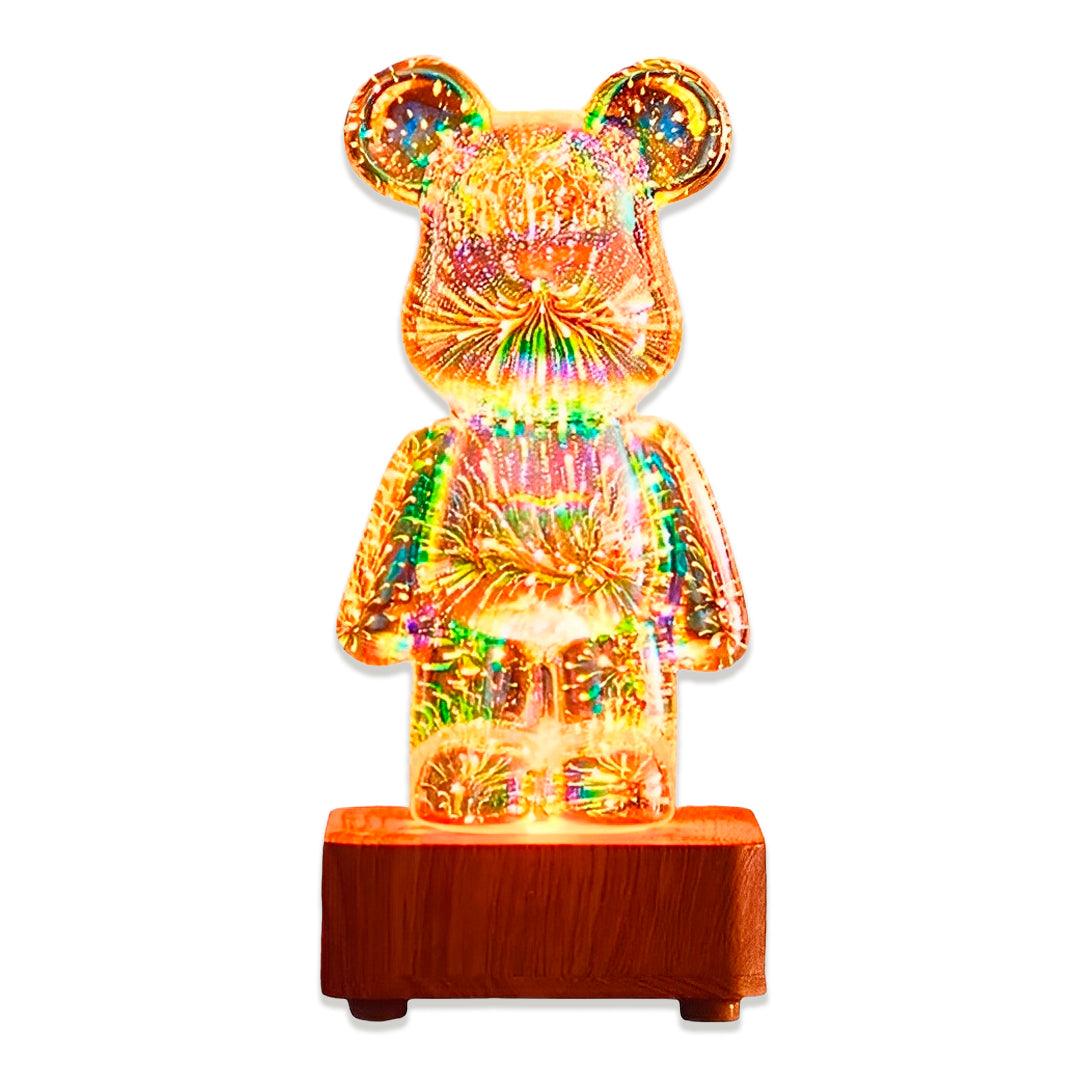 Urso de vidro aceso com pontos coloridos de luz, base com veio de madeira