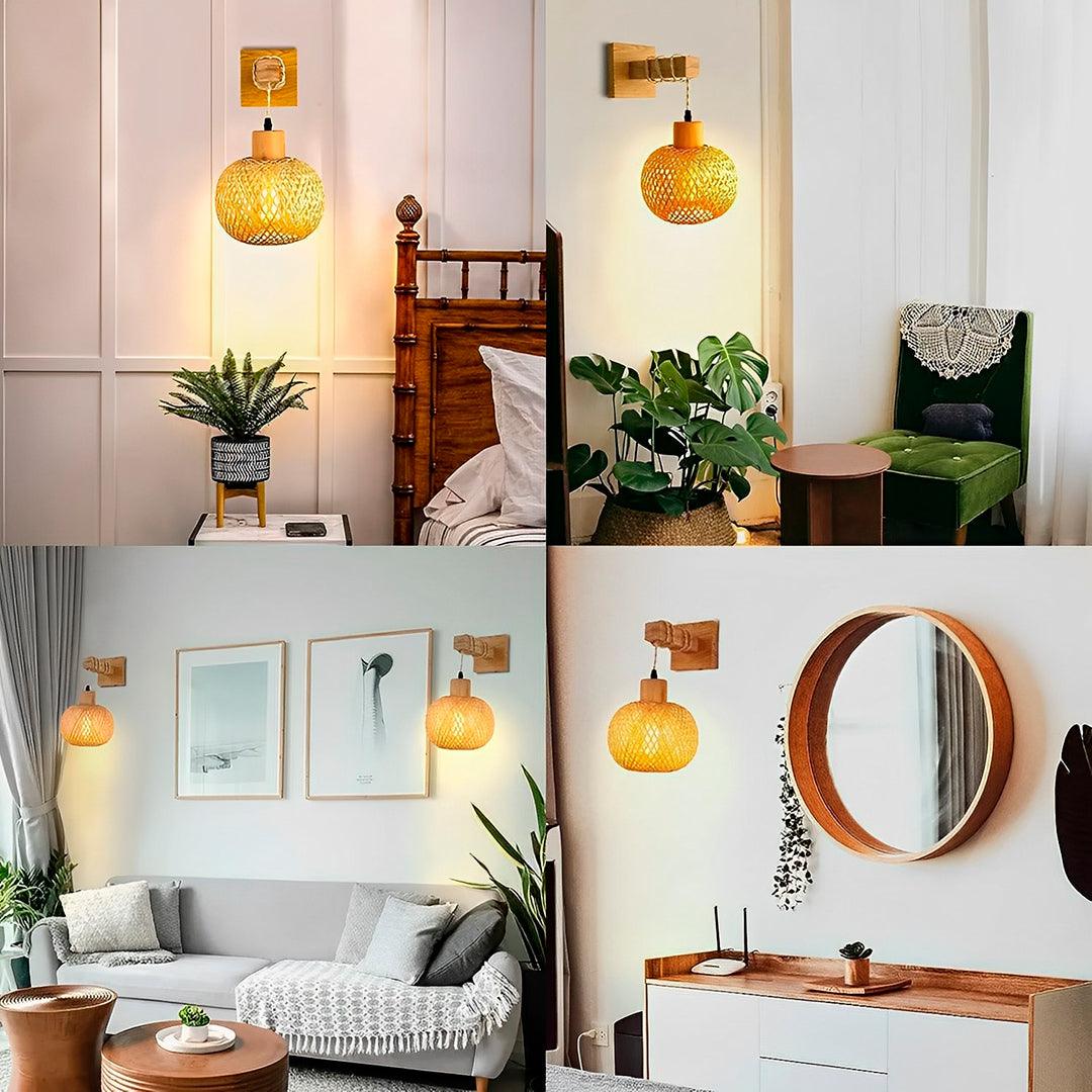 Quatro ambientes com a arandela de bambu: quarto, canto de leitura, sala e aparador